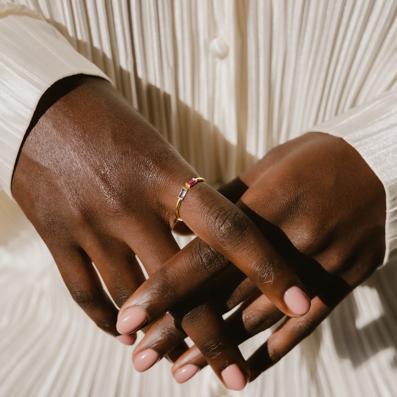 Duo Baguette Birthstone Ring by Caitlyn Minimalist Best Friend Gift Anniversary Gift Adjustable Personalized Gemstone Ring RM87 zdjęcie 2