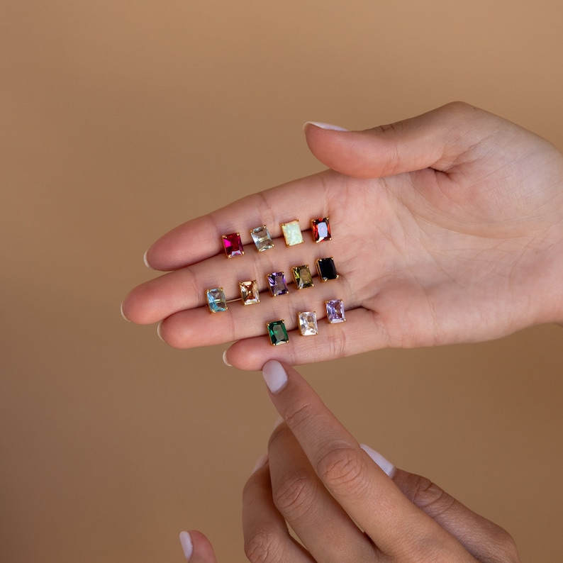 Emerald Cut Birthstone Earrings by Caitlyn Minimalist Custom Dainty Stud Earrings in Gold Gemstone Jewelry Personalized Gifts ER367 image 1