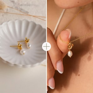 Pearl Knot Necklace & Earrings by Caitlyn Minimalist • Pearl Drop Stud Earrings • Pearl Pendant Necklace • Bridal Jewelry Set • Gift for Her