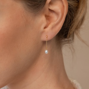 Pearl Drop Earrings by Caitlyn Minimalist • Dainty Diamond Chain Studs with Dangling Pearl Charm • Wedding Jewelry • Bride Gift • ER300