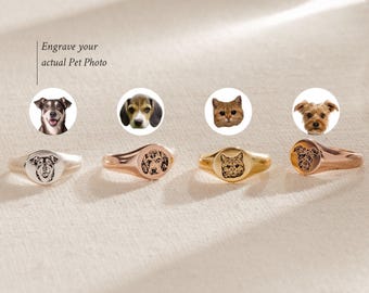 Bague chevalière photo pour animal de compagnie par Caitlyn Minimalist • Bijou gravé sur mesure • Bague empilable personnalisée • Cadeau symbolique pour les propriétaires de chiens ou de chats • 77 RM
