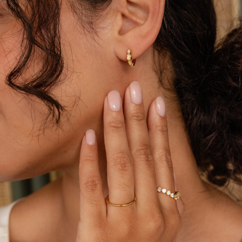 Moonstone Huggie Hoop Earrings by Caitlyn Minimalist • Dainty Gemstone Stacking Earrings • Boho Moonstone Jewelry • Birthday Gift • ER411 image 7