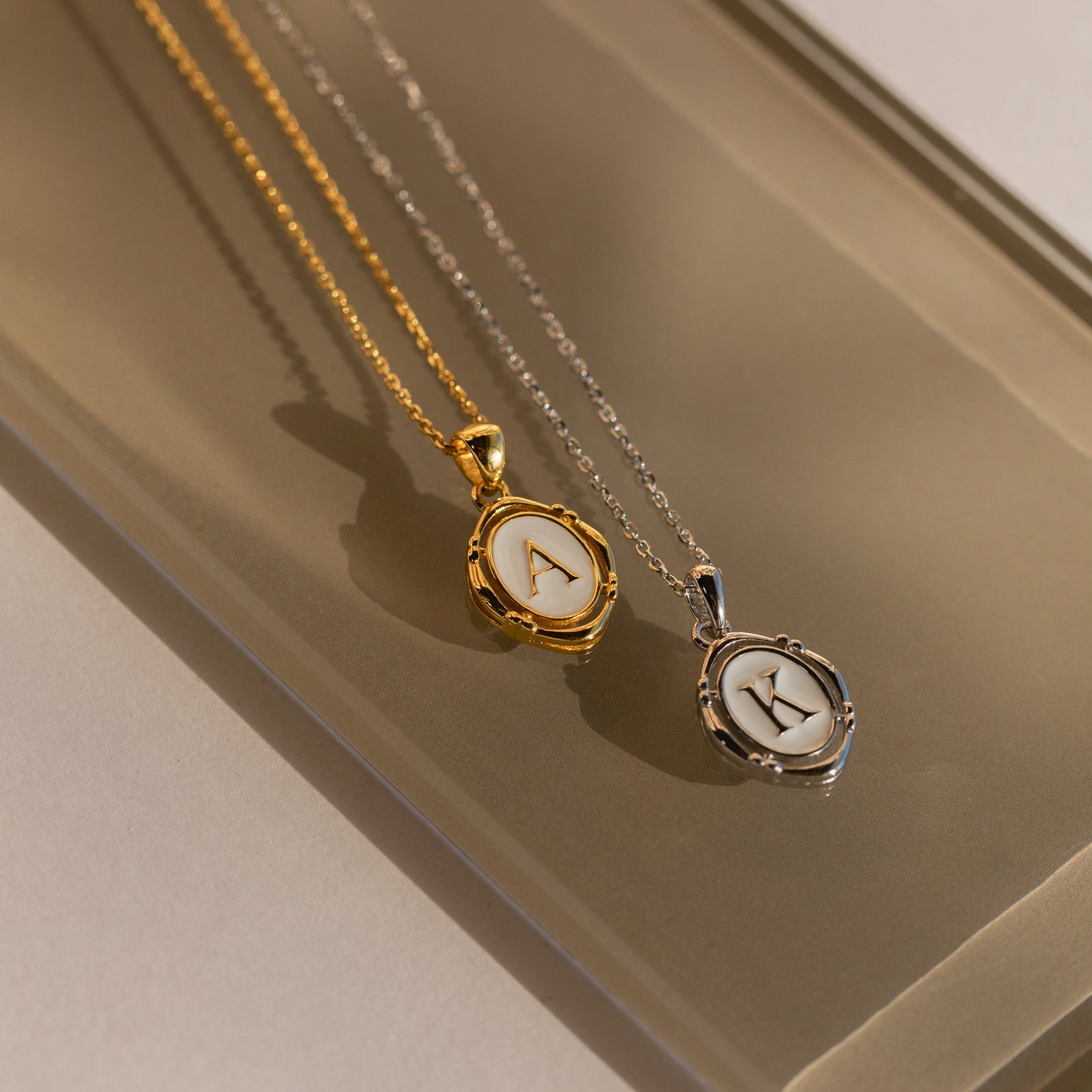 Oval Initial Necklace by Caitlynminimalist Letter Necklace With White Enamel & Gold Pendant