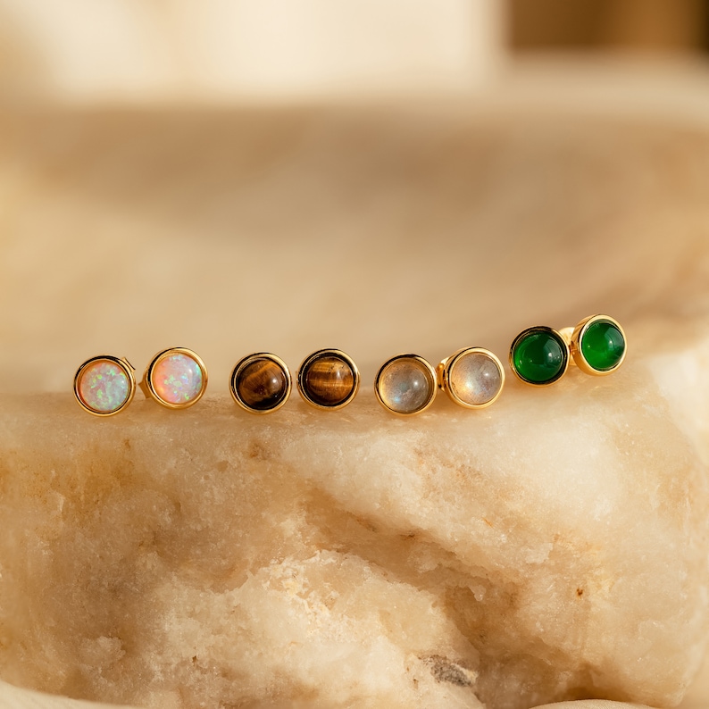 Round Gemstone Studs by Caitlyn Minimalist Vintage Style Stud Earrings in Jade, Opal, Labradorite & Tigers Eye Anniversary Gift ER442 image 1