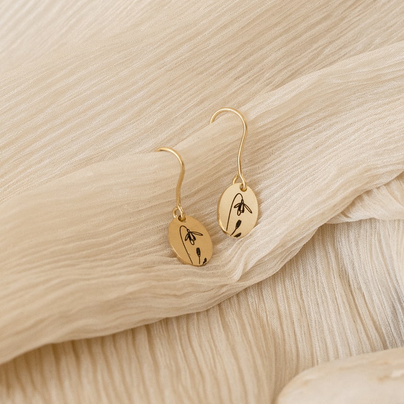 Birth Flower Earrings Floral Signet Charm Earrings Minimalist Flower Jewelry Birthday Gift Bridesmaid Gifts Gift for Her CM56 image 1