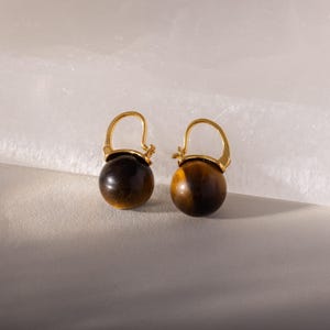 Tigers Eye Dome Drop Earrings by Caitlyn Minimalist • Gemstone Hoop Jewelry • ER701