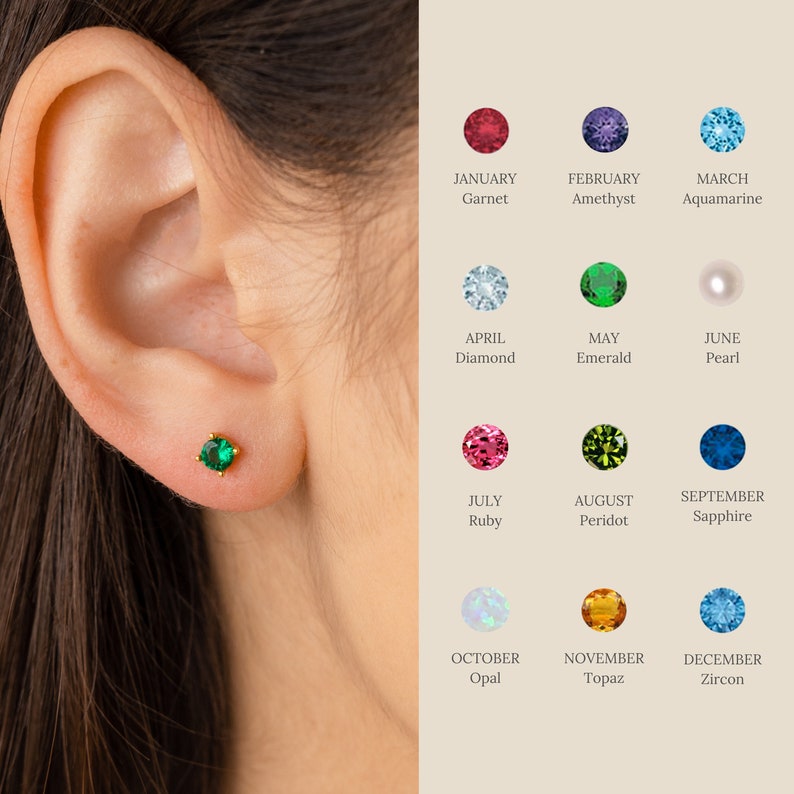Half of the image displays a dainty 4mm emerald stud earring in the first hole of the ear. The other half shows a birthstone chart for every month and the birthstone that matches.