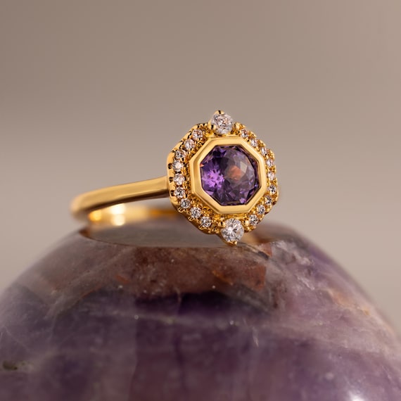 Octagon Alexandrite Halo Ring by Caitlyn Minimalist • Vintage Purple Engagement Ring • RR260