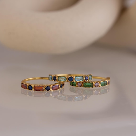 Round Baguette Birthstone Ring by Caitlyn Minimalist • Vintage Gemstone Stacking Ring Band • Art Deco Jewelry • Custom Gift for Mom • RM177