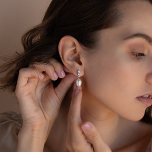 Dangling Pearl Diamond Earrings by Caitlyn Minimalist Dainty Pearl Drop Earrings Vintage Wedding Jewelry Bridesmaid Gift ER344 image 6