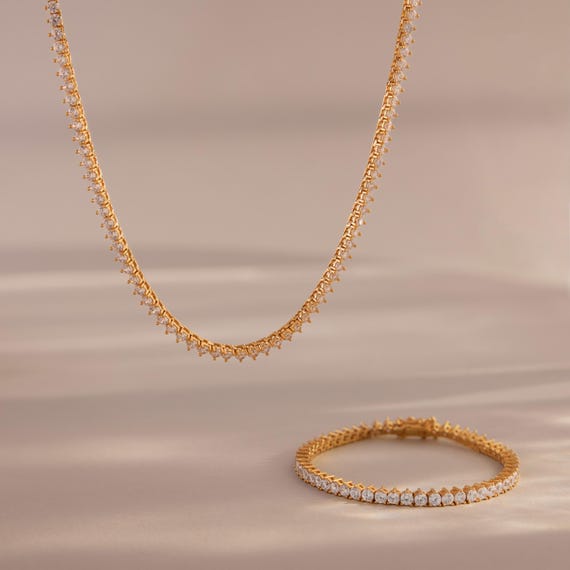 3-Prong Diamond Tennis Necklace & Bracelet Set by Caitlyn Minimalist • Crystal Tennis Bracelet for Her • Perfect Wedding Jewelry Set • MB014