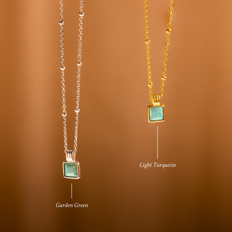 Turquoise Opal Pendant Necklace by Caitlyn Minimalist Dainty Square Charm Necklace on Satellite Chain Opal Jewelry Sister Gift NR161 SET OF 2 - SAVE 10%