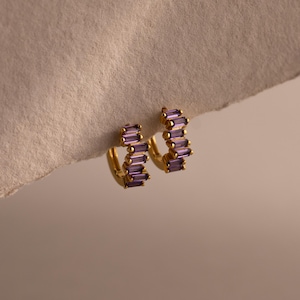 Staggered Birthstone Huggie Earrings by Caitlyn Minimalist • Baguette Gemstone Hoop Earrings • Statement Jewelry • Best Friend Gift • ER751