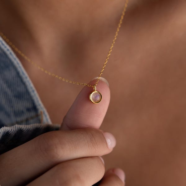 Moonstone Pendant Necklace by Caitlyn Minimalist • Round Translucent Crystal Charm Necklace • Gemstone Jewelry • Gift for Mom • NM168