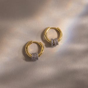 Triple Pave Link Hoop Earrings by Caitlyn Minimalist • Interlocking Circle Beaded Earrings • Mixed Metal Jewelry • Birthday Gift • ER802