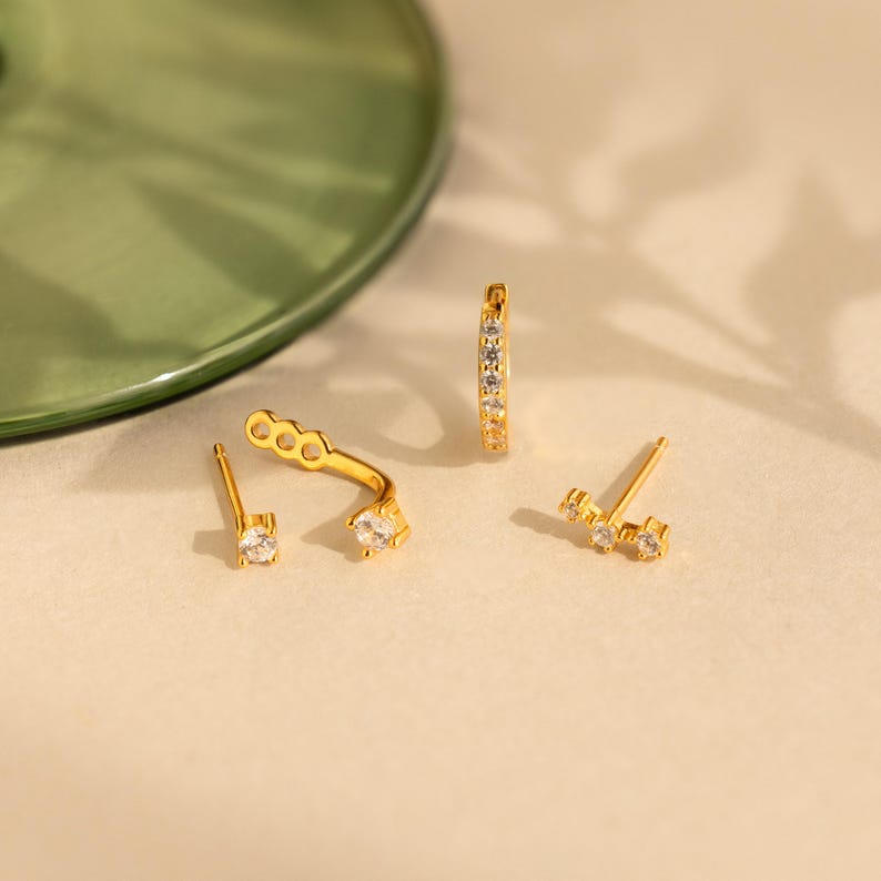 Diamond Earring Set by Caitlyn Minimalist • Set of 3: Ear Climber, Ear Jacket & Pave Diamond Hoop • Silver Jewelry • Gift for Her • ER427 image 9