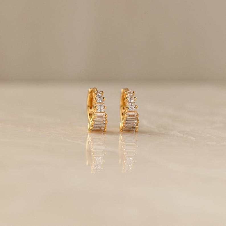 Diamond Art Deco Earrings by Caitlyn Minimalist • Vintage Style Huggie Hoop Earrings • Dainty Earrings • Silver Jewelry • Mom Gift • ER337 image 4
