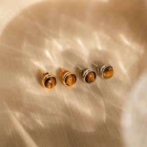 Round Gemstone Studs by Caitlyn Minimalist Vintage Style Stud Earrings in Jade, Opal, Labradorite & Tigers Eye Anniversary Gift ER442 image 5