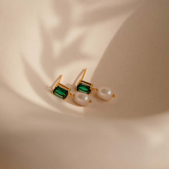 Emerald Pearl Drop Earrings by Caitlyn Minimalist • Green Art