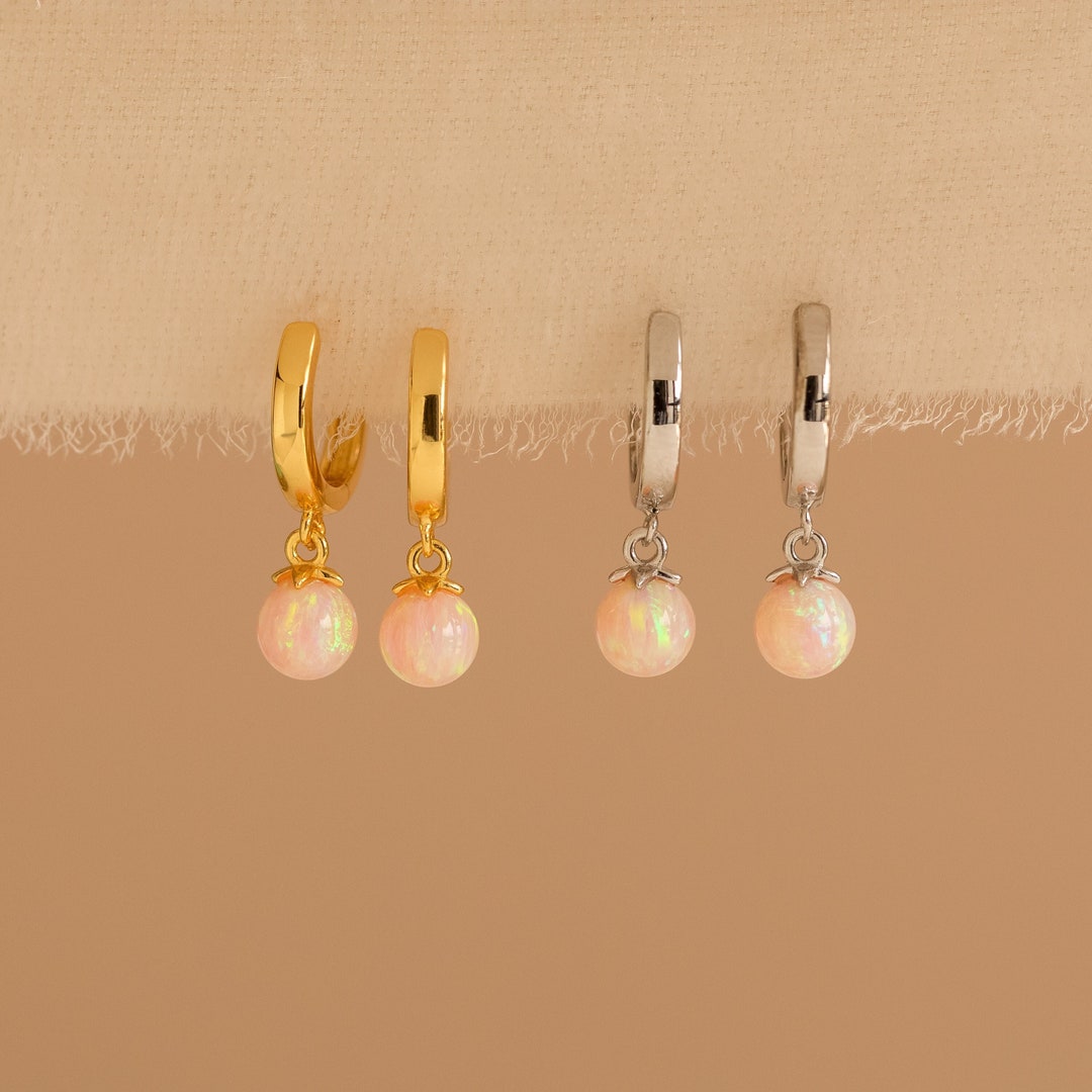 Pink Opal Drop Earrings by Caitlyn Minimalist Dangle & Drop Huggie Hoop Earrings Opal Jewelry
