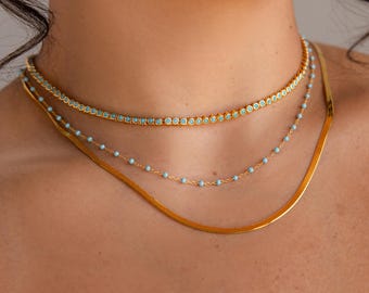 Turquoise Bezel Tennis Necklace by Caitlyn Minimalist • Classic Diamond Choker Necklace • Boho Turquoise Jewelry • Best Friend Gift • NR177