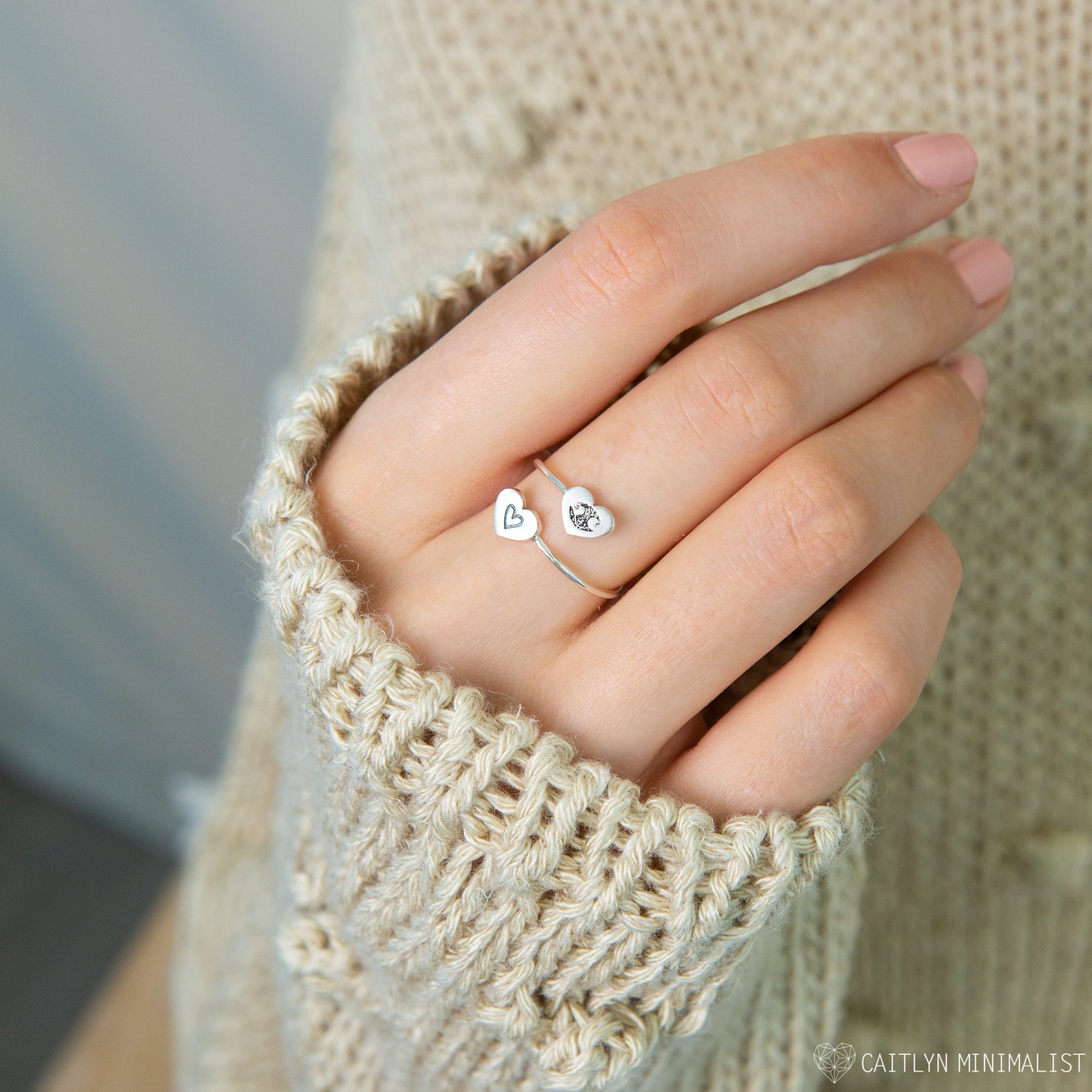 Bague d'impression de Patte Double Cœur Bague d'empreintes Digitales Personnalisée Bijoux Personnali