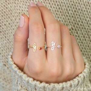 Puede incluir: Dos anillos delicados, uno dorado y otro plateado, cada uno con una inicial en cursiva. El anillo dorado tiene una gema roja, y el plateado una rosa. Los anillos se muestran en una mano, mostrando su diseño minimalista.