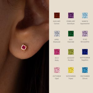 Square Gemstone Flat Back Earrings by Caitlyn Minimalist • Geometric Cartilage Birthstone Earrings • Dainty Jewelry • Gift for Her • ER658