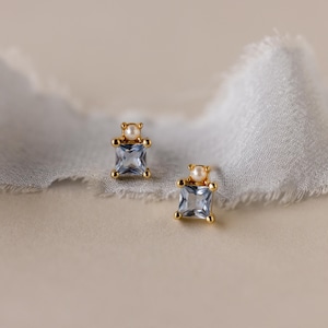 Aquamarine & Pearl Stud Earrings by Caitlyn Minimalist • Dainty Light Blue Gemstone Earrings • Wedding Jewelry • Bridesmaid Gift • ER679
