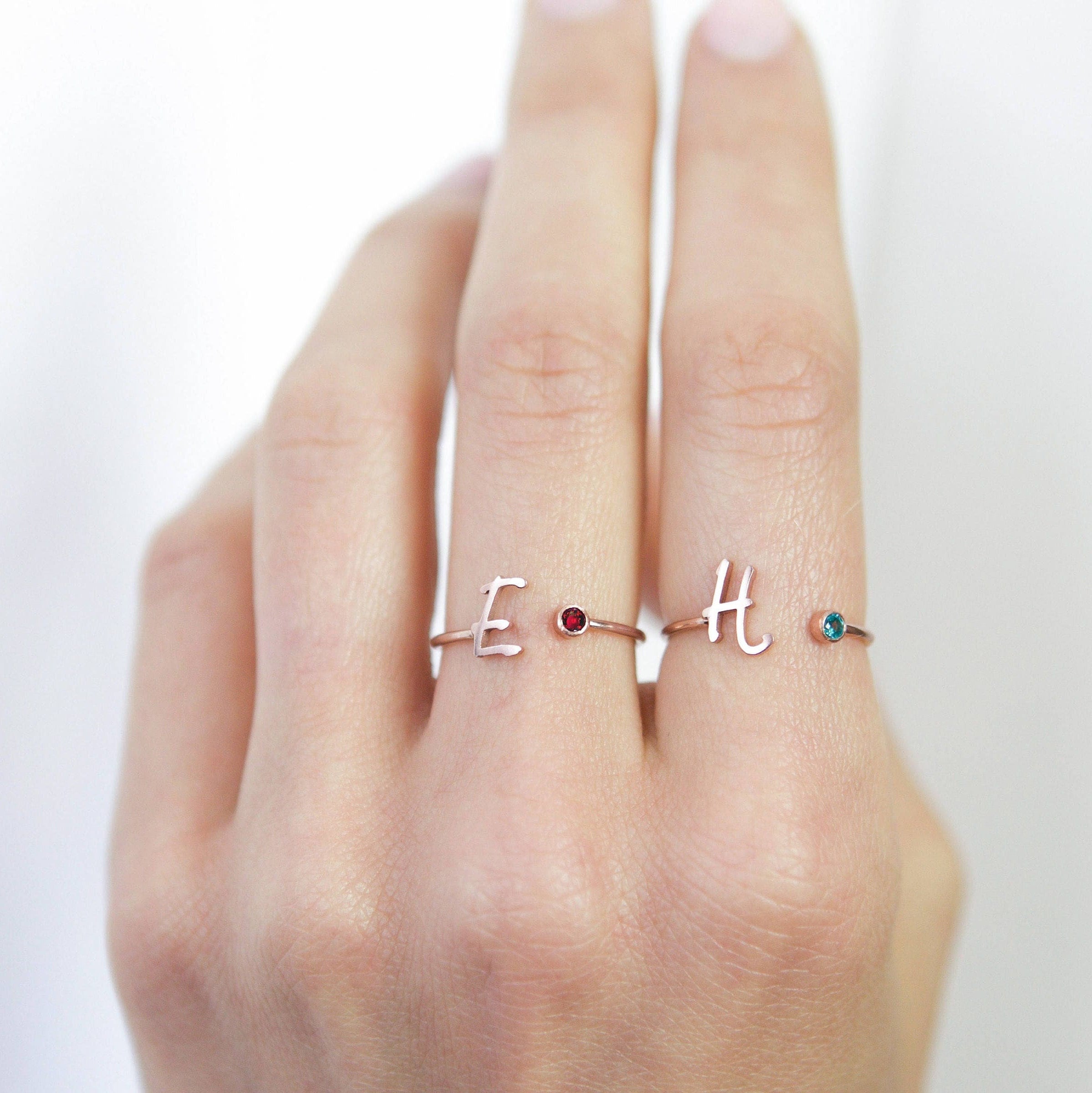 Custom Initial Birthstone Ring • Personalized Sterling Silver Initials Ring • Custom Name Gemstone Mother Ring • Mother Child Ring • RM06F48