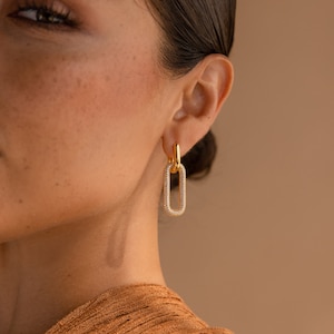 Pave Link Hoop Earrings by Caitlyn Minimalist Removable Dangle Earrings Statement Geometric Earrings Gift for Sister ER402 image 3