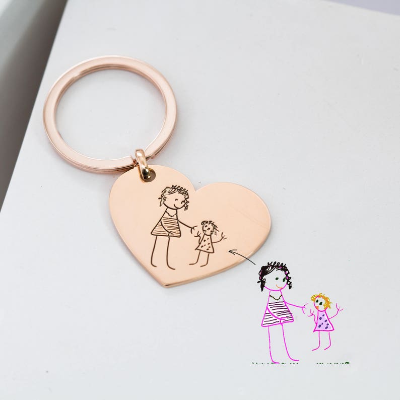 BEST MOTHER'S GIFT • Kids Drawing Keychain • Engraved Baby Artwork Charm • Personalized Heart Keychain • Mom Gift • Gift for Grandma • CM26 