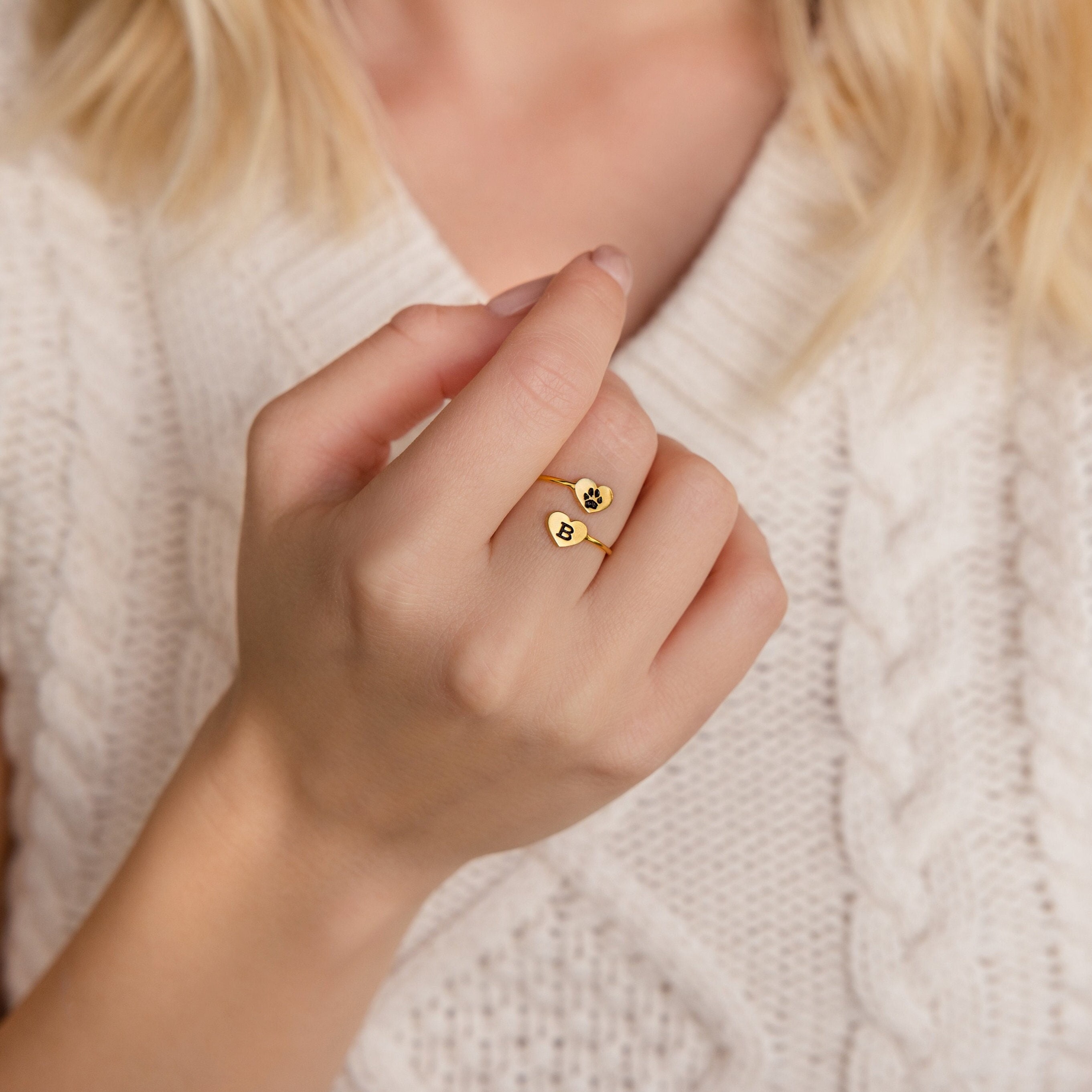Double Heart Paw Print Ring, Custom Fingerprint Ring, Personalized Fingerprint Jewelry