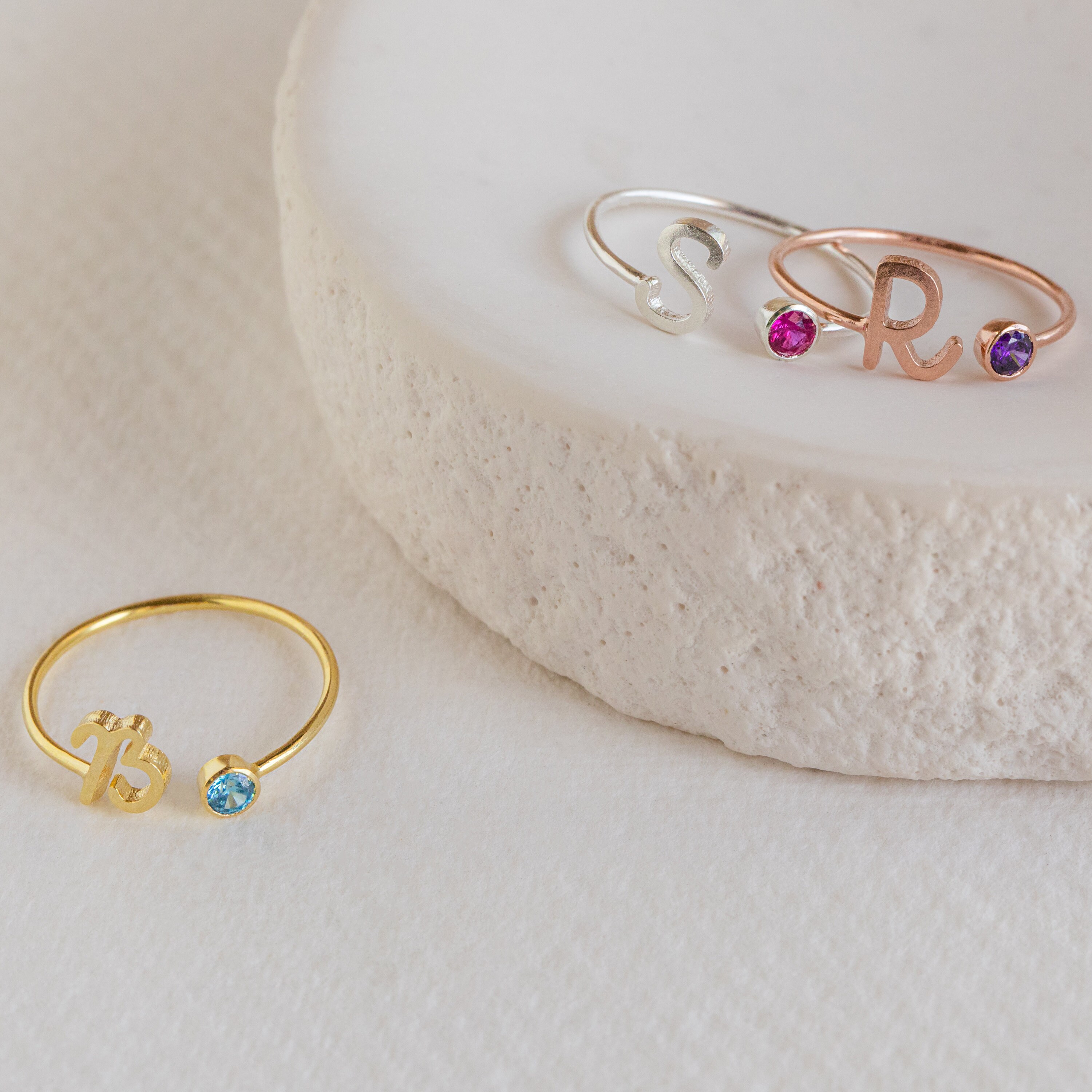 Custom Initial Birthstone Ring • Personalized Sterling Silver Initials Ring • Custom Name Gemstone Mother Ring • Mother Child Ring • RM06F48