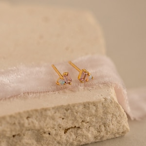 Opal Baguette Stud Earrings by Caitlyn Minimalist • Blush Pink Tourmaline Earrings with Round Stone • Opal Jewelry • Bridesmaid Gift • ER419