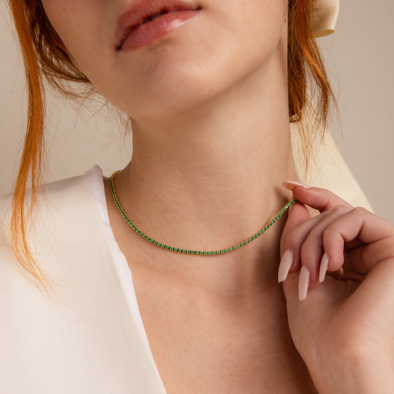 Emerald Tennis Necklace by Caitlyn Minimalist Everyday Birthstone Choker Necklace Minimalist Emerald Jewelry Best Friend Gift NR152 18K GOLD