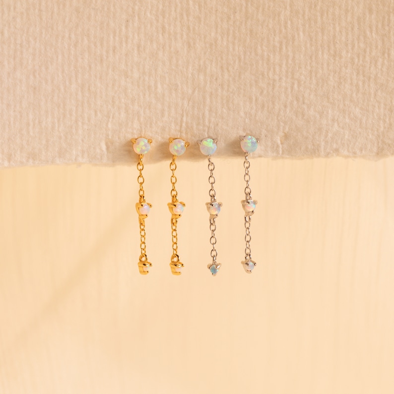 Dainty Opal Stud Earrings by Caitlyn Minimalist Opal Flower Earrings, Drop Chain Earrings & Cartilage Earring Anniversary Gift for Her image 5