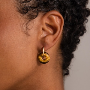 Tiger Eye Hoop Earrings by Caitlyn Minimalist • Brown Gemstone Dangle Earrings  • Statement Jewelry • Best Friend Gift • ER708