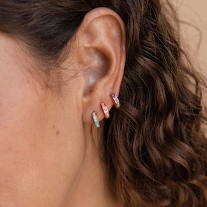 Opal Inlay Huggie Earrings by Caitlyn Minimalist Dainty Gemstone Hoop Earrings in Blue, Pink & Purple Perfect Bridesmaid Gifts ER212 image 3
