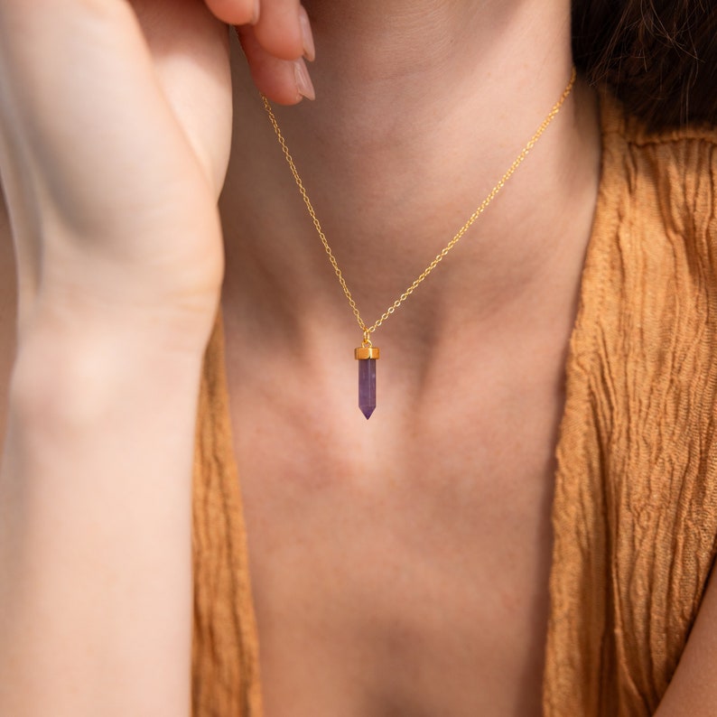 Amethyst Quartz Pendant Necklace by Caitlyn Minimalist Purple Crystal Necklace Amethyst Charm Jewelry Gift for Sister NR191 18K GOLD