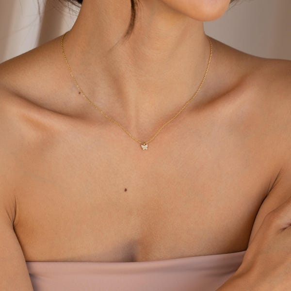 Dainty Crystal Butterfly Necklace by Caitlyn Minimalist • Pave Diamond Charm Necklace for Layering in Gold & Silver • Birthday Gift • NR094