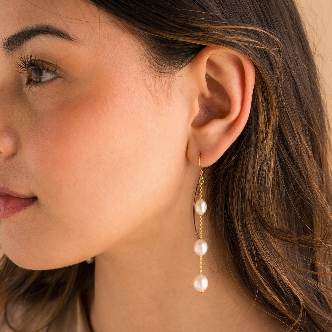 Long Pearl Dangle Earrings by Caitlyn Minimalist • Statement