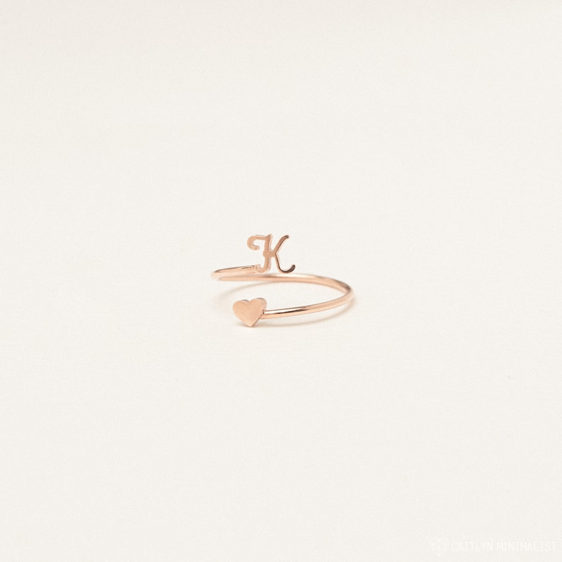 Dainty Initial Heart Ring in Rose Gold, Gold, Sterling Silver Mothers Ring Cute Anniversary Gift Minimalist Initial Ring RM62F51 image 3