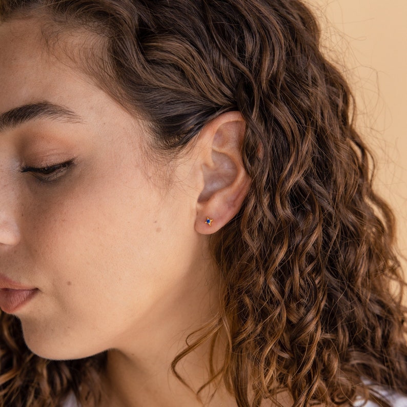 In the first piercing of the ear there in a gold dainty star shaped stud earring. In the middle of the earring is a Navy birthstone.