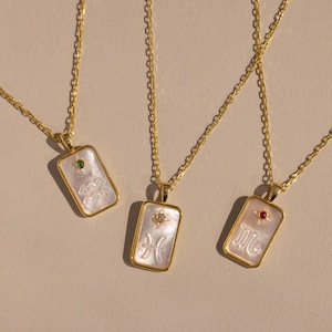 Pearl Zodiac Birthstone Necklace by CaitlynMinimalist • Custom Pendant Necklace with Mother of Pearl • Zodiac Jewelry • Gift for Her • NM216 image 1
