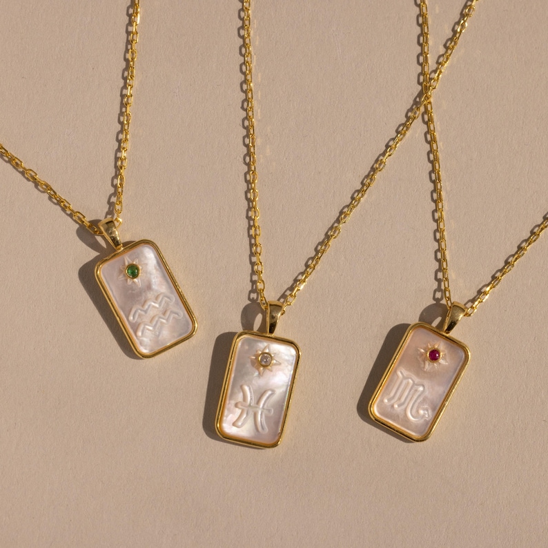 Pearl Zodiac Birthstone Necklace by CaitlynMinimalist • Custom Pendant Necklace with Mother of Pearl • Zodiac Jewelry • Gift for Her • NM216 image 1