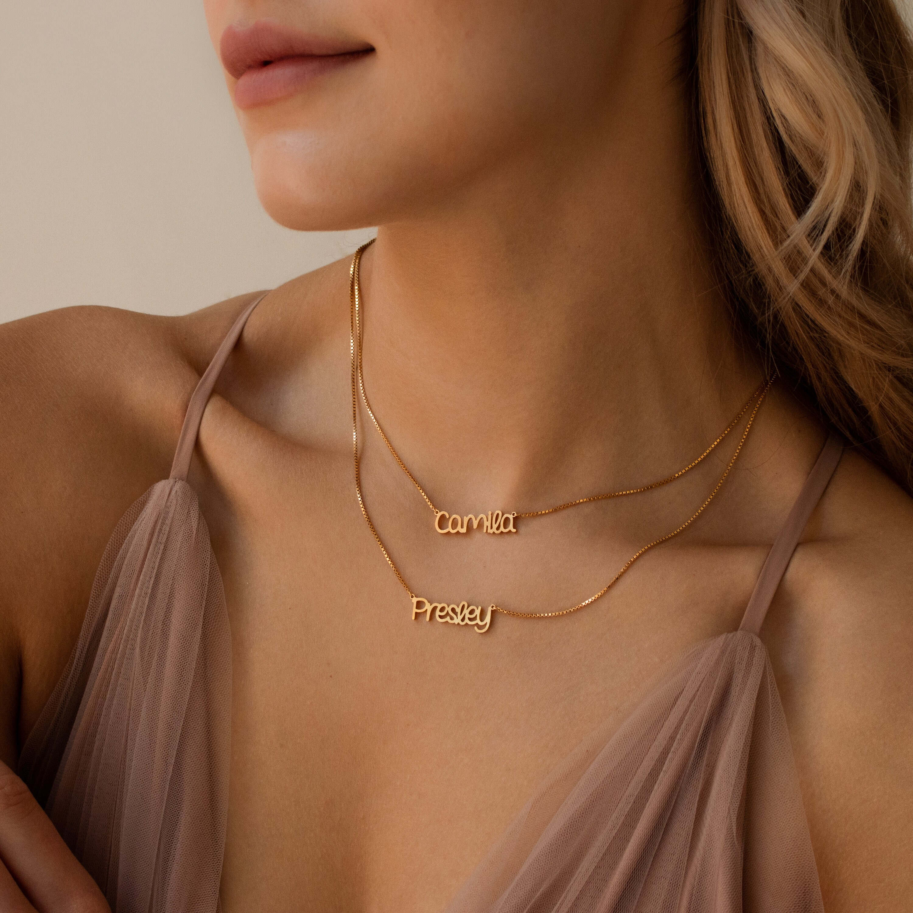 Double Chain Name Necklace With Box Chain by Caitlyn