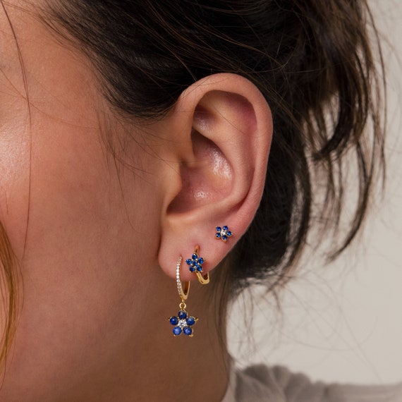 Blue Flower Earring Set by Caitlyn Minimalist • Set of 3 Blue Stone Earrings • Floral Stud Earring, Pave Hoop Earrings • Sister Gift • ER430