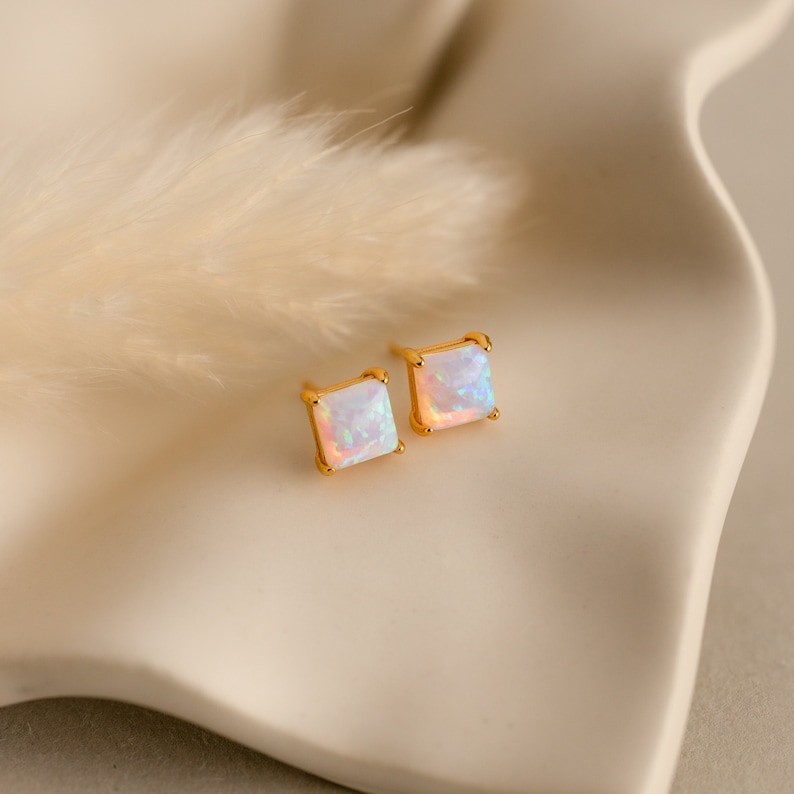 Princess Cut Opal Earrings by Caitlyn Minimalist Vintage Style Statement Stud Earrings Opal Gemstone Jewelry Birthday Gift ER418 18K GOLD