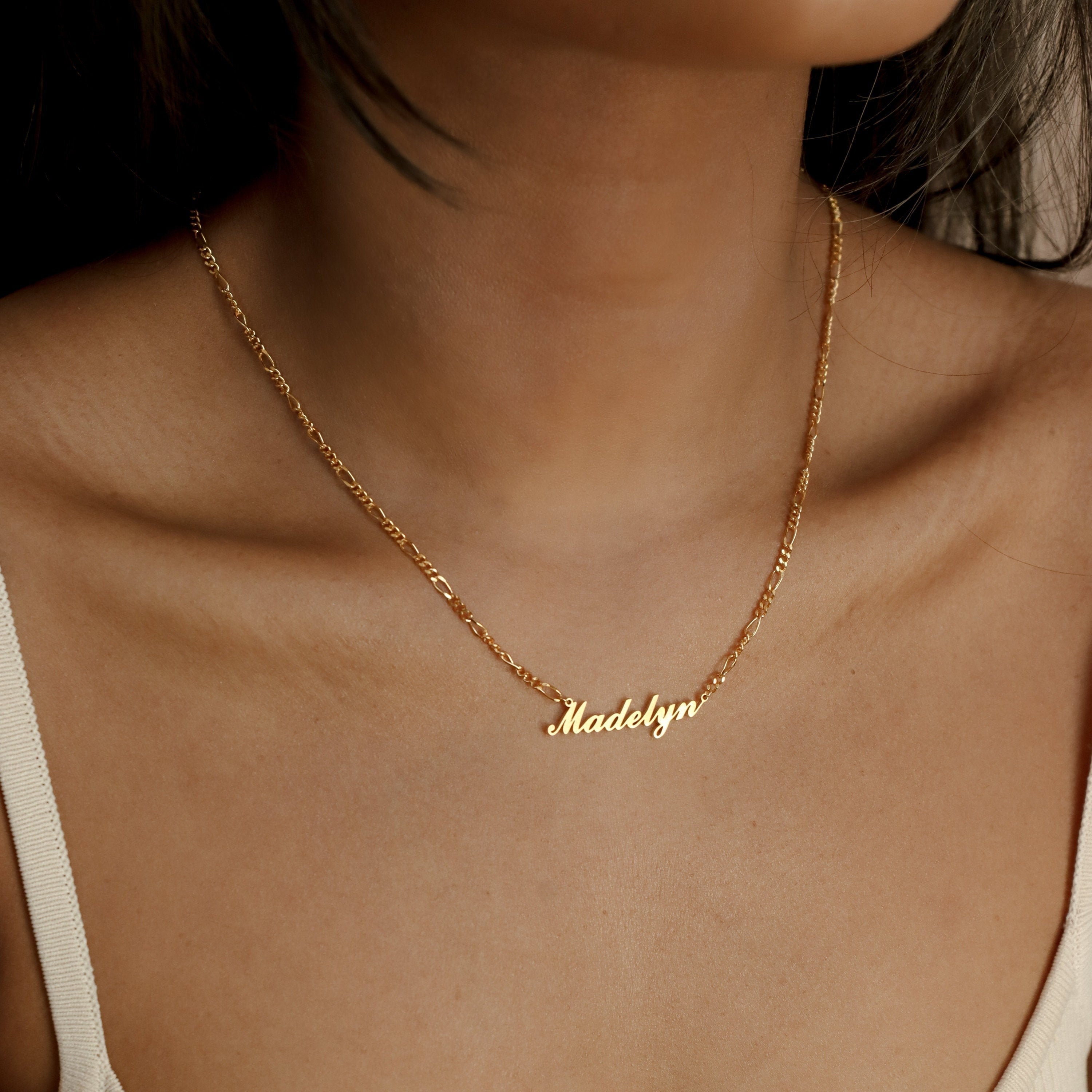 Name necklace figaro best sale chain